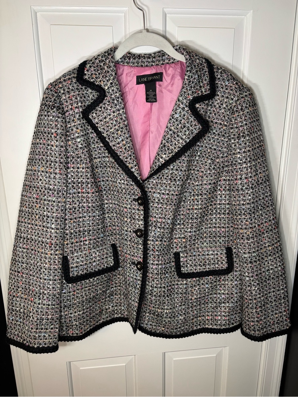 Lane Bryant 18 Black White Tweed Button Blazer Jacket with Pink Lining Colorful